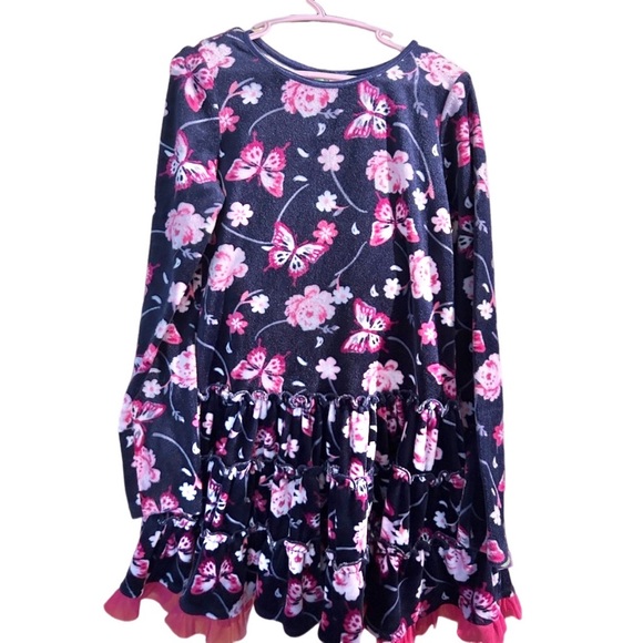Dollie & Me Velvet Dress with butterflies in a floral print and cute ruffle 🌸🦋 - Picture 1 of 6
